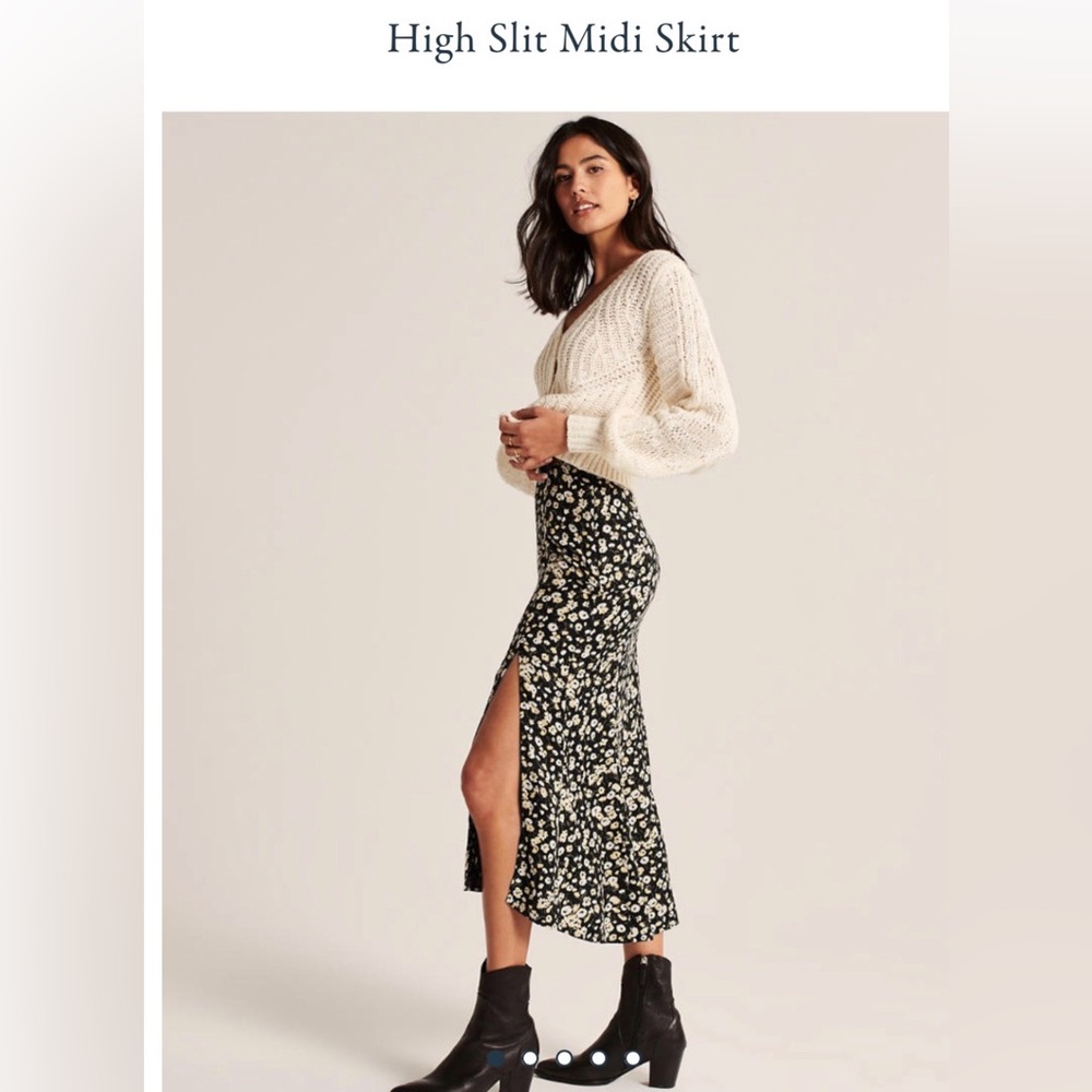 Abercrombie & Fitch Black Floral High Slit Midi Skirt